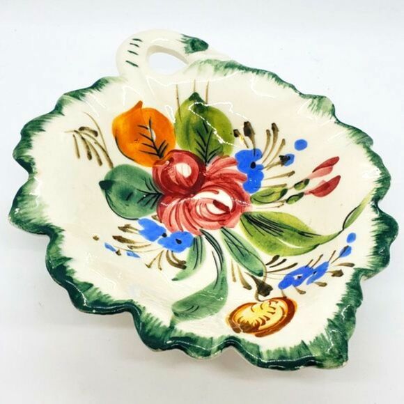 Italian Hand Painted Vtg Pottery Floral Leaf Ceramic Trinket, Candy, or Nut Dish - Picture 1 of 7